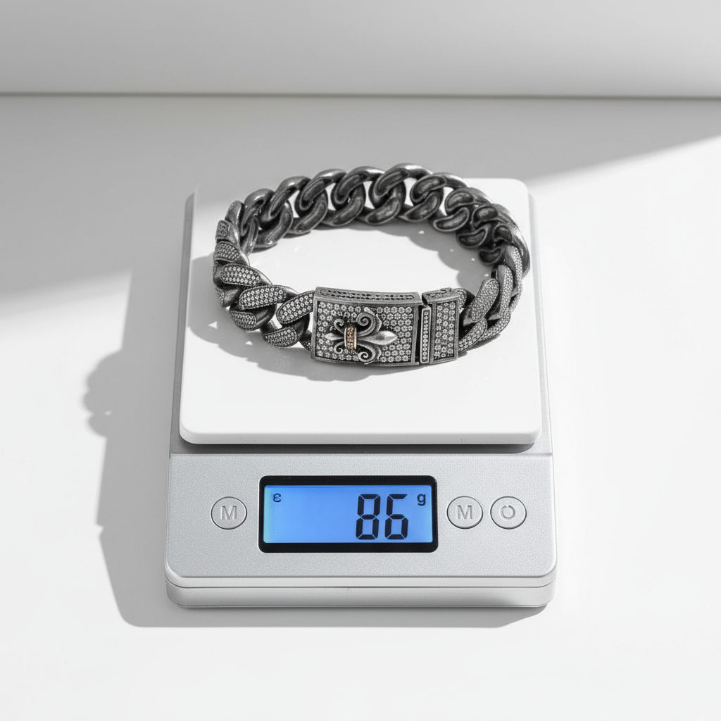 16mm Unique Fleur-De-Lis Iced Cuban Link Bracelet with Black Rhodium | Dark Oxidized 925 Silver Bracelet | With Certificate of Authenticity and 925 Hallmark