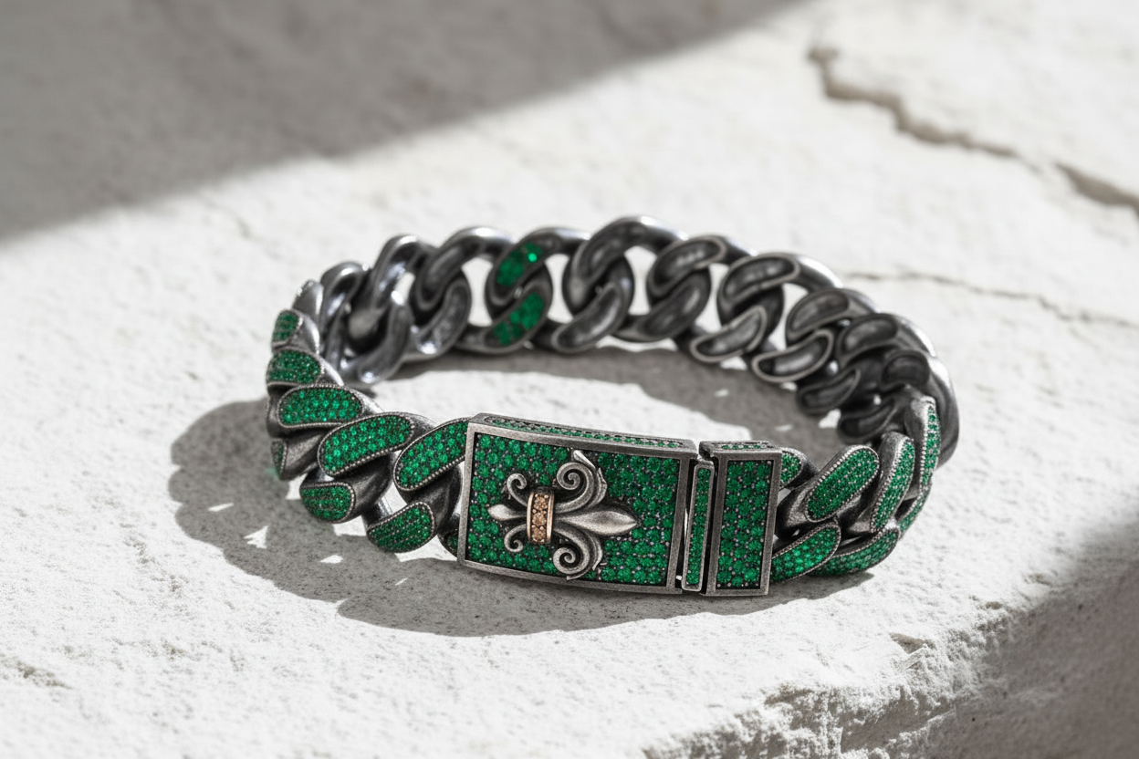 16mm Unique Fleur-De-Lis Iced Cuban Link Bracelet with Black Rhodium | Dark Oxidized 925 Silver Bracelet | With Certificate of Authenticity and 925 Hallmark