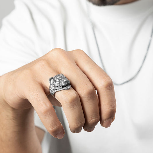 RARE PRINCE by CARAT SUTRA | Unique Designed 3D Tiger Face Ring | 925 Sterling Silver Oxidized Ring | Men's Jewelry | With Certificate of Authenticity and 925 Hallmark