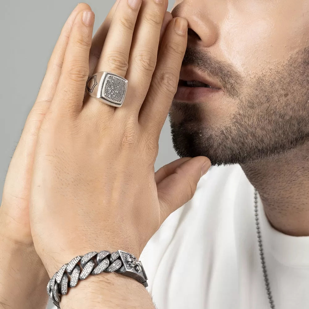 RARE PRINCE by CARAT SUTRA | 16mm Unique Fleur-De-Lis Iced Cuban Link Bracelet for Men | Dark Oxidized 925 Silver Bracelet | Men's Jewelry | With Certificate of Authenticity and 925 Hallmark