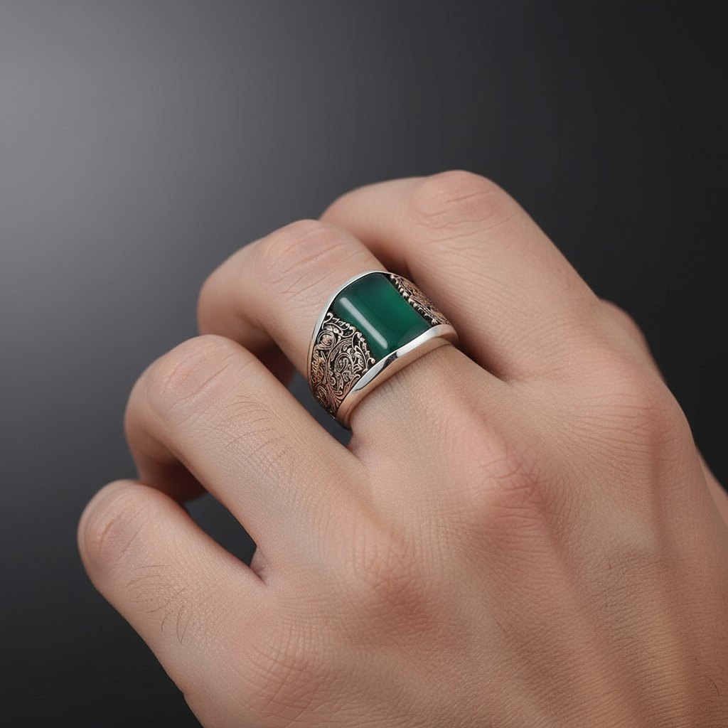 RARE PRINCE by CARAT SUTRA | Unique Designed Turkish Style Curved Ring with Green Onyx  | 925 Sterling Silver Gold Plated Ring | Men's Jewelry | With Certificate of Authenticity and 925 Hallmark - caratsutra