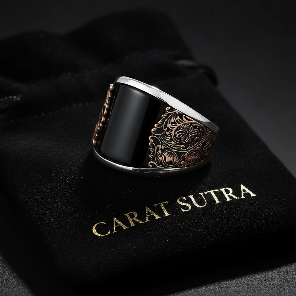 RARE PRINCE by CARAT SUTRA | Unique Designed Turkish Style Curved Ring with Natural Black Onyx | 925 Sterling Silver Gold Plated Ring | Men's Jewelry | With Certificate of Authenticity and 925 Hallmark - caratsutra