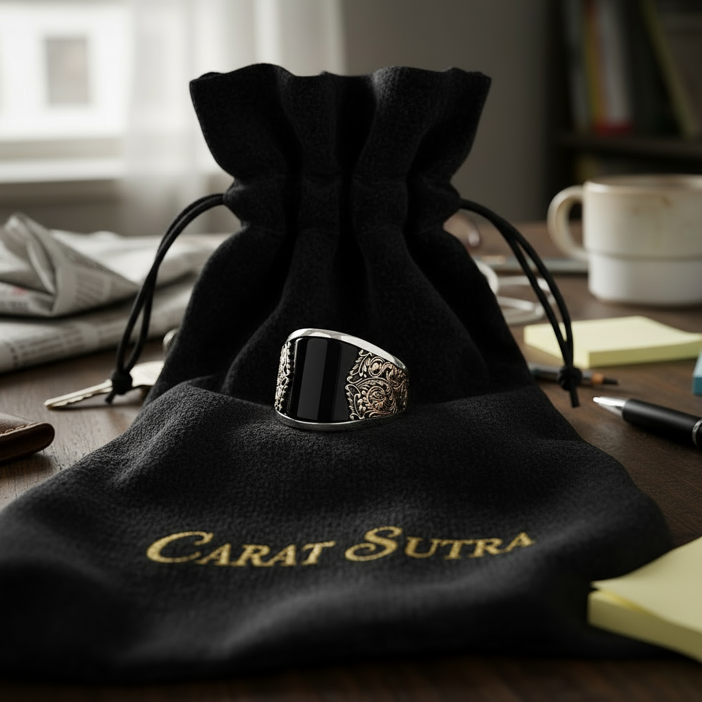 RARE PRINCE by CARAT SUTRA | Unique Designed Turkish Style Curved Ring with Natural Black Onyx | 925 Sterling Silver Gold Plated Ring | Men's Jewelry | With Certificate of Authenticity and 925 Hallmark - caratsutra