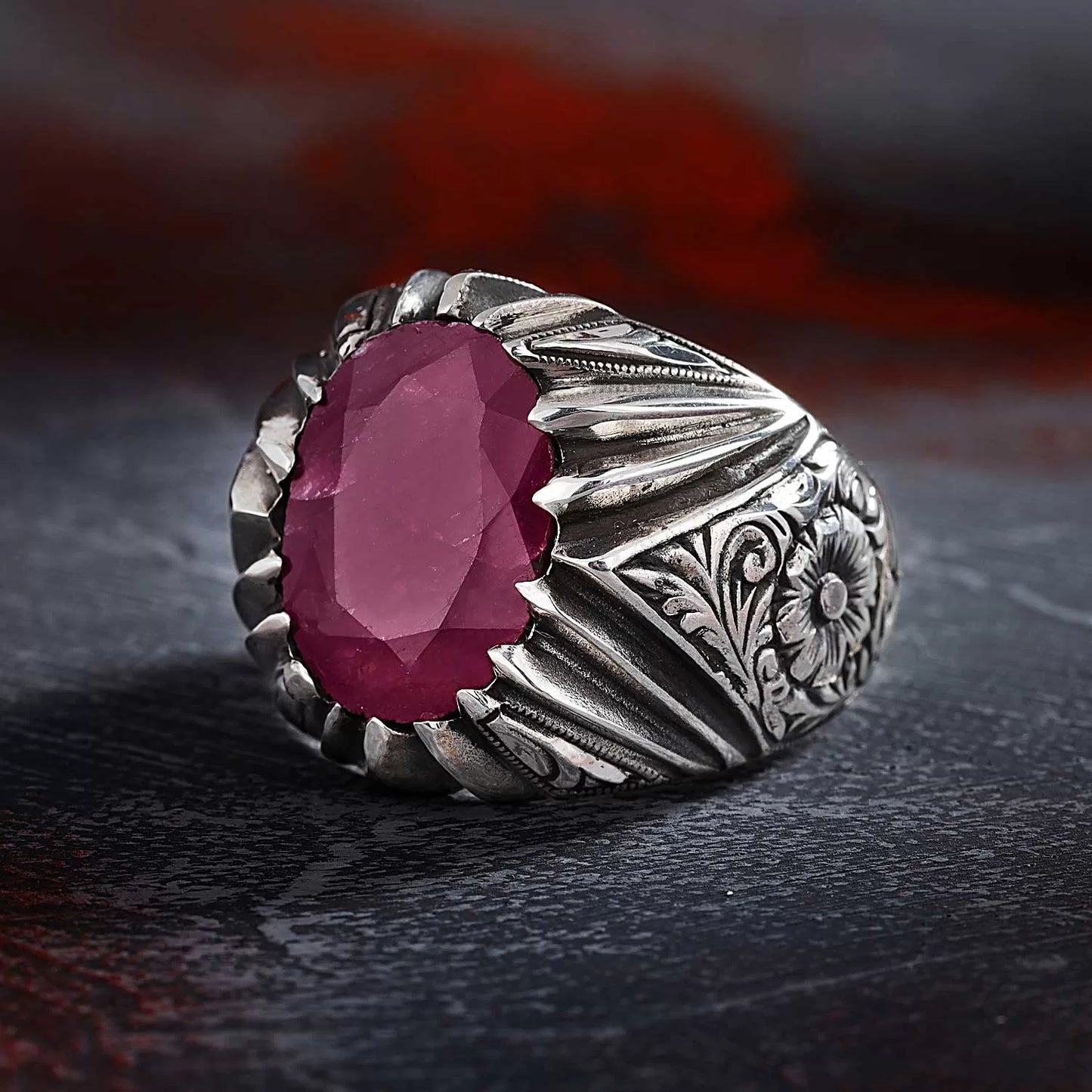 RARE PRINCE by CARAT SUTRA | Unique Designed Ring with Natural Red Ruby | 925 Sterling Silver Oxidized Ring | Men's Jewelry | With Certificate of Authenticity and 925 Hallmark