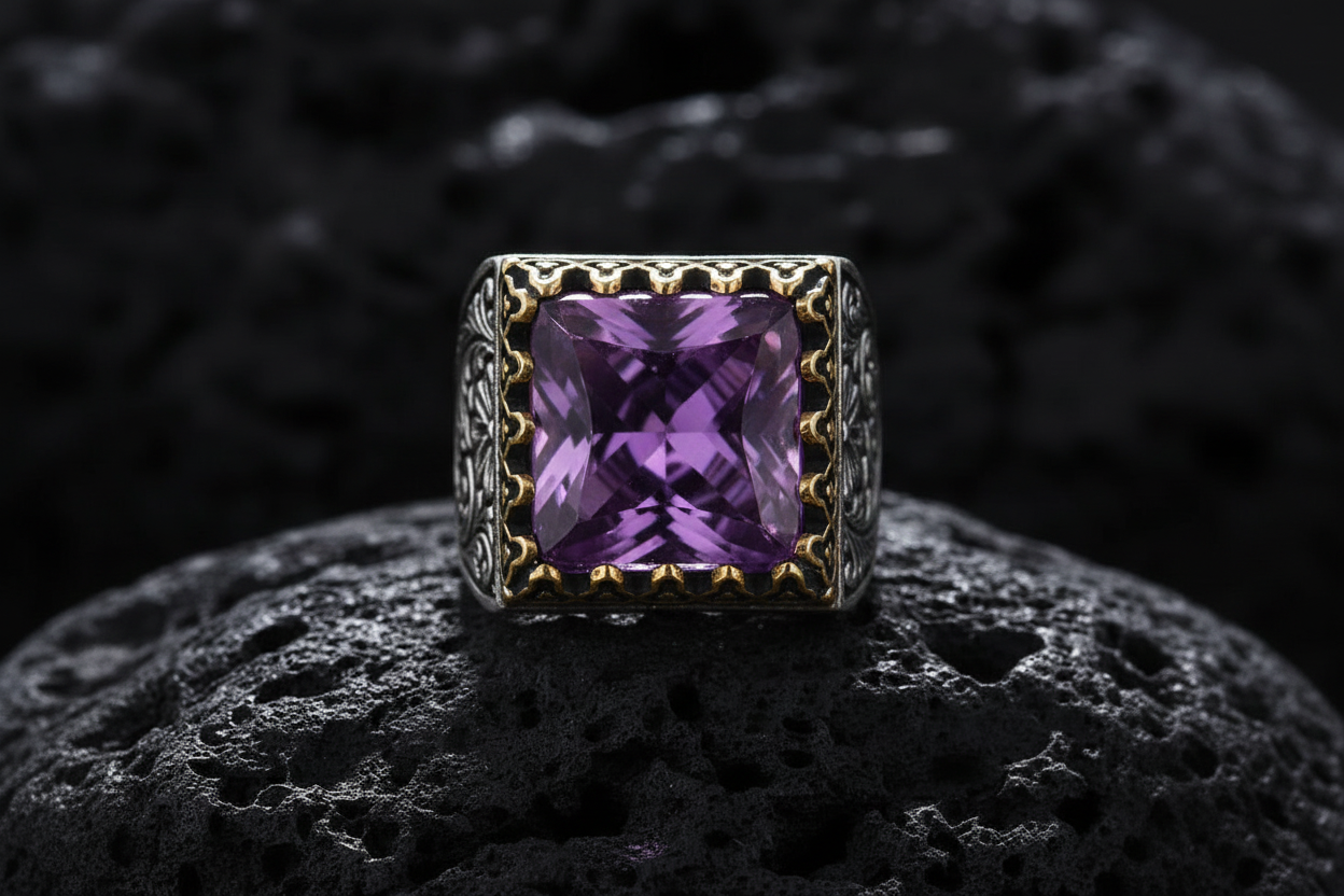 RARE PRINCE by CARAT SUTRA | Unique Designed Turkish Style Premium Ring with Purple Amethyst | 925 Sterling Silver Oxidized Ring | Men's Jewelry | With Certificate of Authenticity and 925 Hallmark - caratsutra