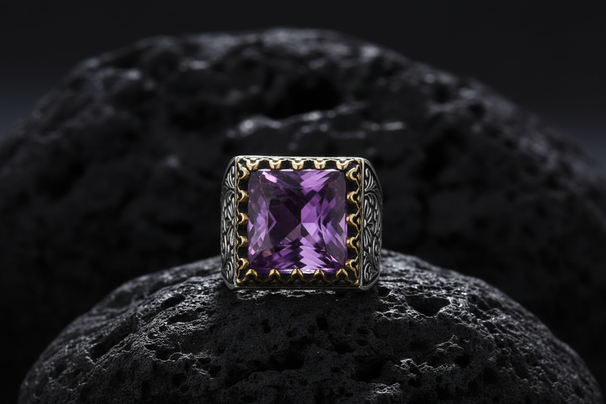 RARE PRINCE by CARAT SUTRA | Unique Designed Turkish Style Premium Ring with Purple Amethyst | 925 Sterling Silver Oxidized Ring | Men's Jewelry | With Certificate of Authenticity and 925 Hallmark - caratsutra