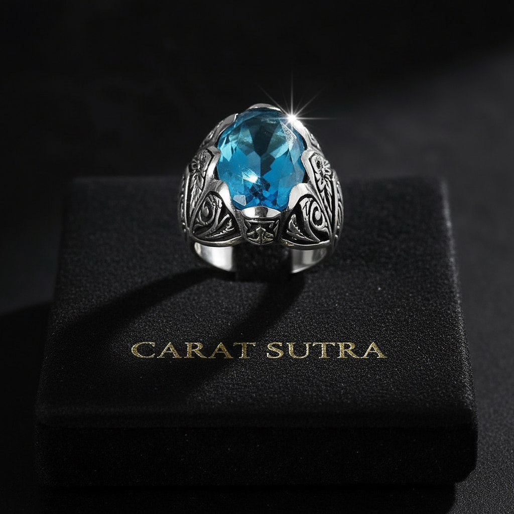 RARE PRINCE by CARAT SUTRA | Exclusively Designed Ring with Blue Topaz | 925 Sterling Silver Oxidized Ring | Men's Jewelry | With Certificate of Authenticity and 925 Hallmark