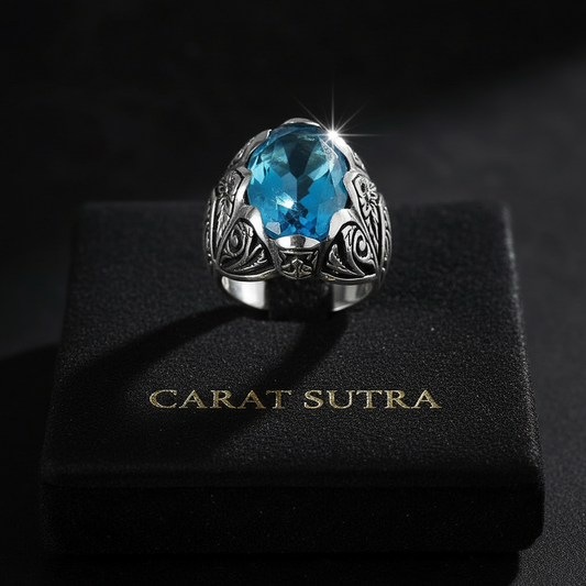 RARE PRINCE by CARAT SUTRA | Exclusively Designed Ring with Blue Topaz | 925 Sterling Silver Oxidized Ring | Men's Jewelry | With Certificate of Authenticity and 925 Hallmark