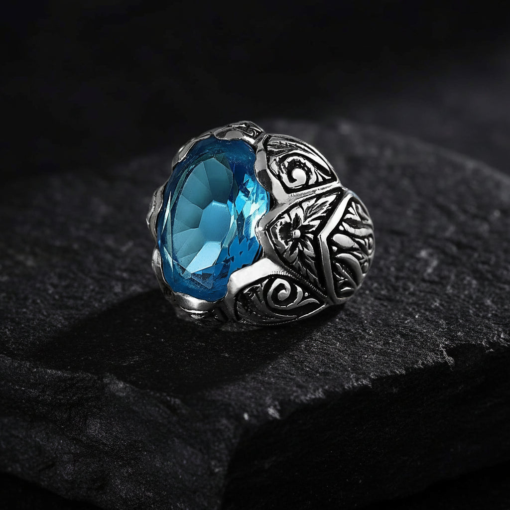 RARE PRINCE by CARAT SUTRA | Exclusively Designed Ring with Blue Topaz | 925 Sterling Silver Oxidized Ring | Men's Jewelry | With Certificate of Authenticity and 925 Hallmark