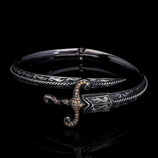 RARE PRINCE by CARAT SUTRA | Exclusive Adjustable Silver Sword studded with Black Zirconia Handcuff Bracelet for Men & Boys | 925 Sterling Silver Bracelet | Men's Jewelry | With Certificate of Authenticity and 925 Hallmark