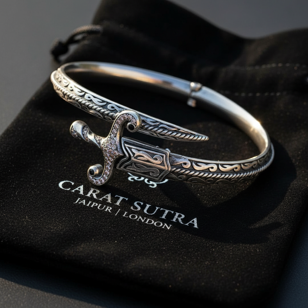 RARE PRINCE by CARAT SUTRA | Exclusive Adjustable Silver Sword studded with Black Zirconia Handcuff Bracelet for Men & Boys | 925 Sterling Silver Bracelet | Men's Jewelry | With Certificate of Authenticity and 925 Hallmark