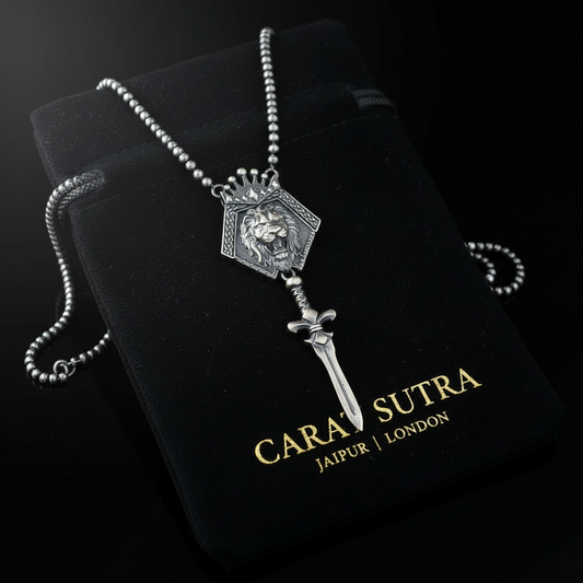 RARE PRINCE by CARAT SUTRA | Unique Designed King Lion with Sword Pendant Necklace with Ball Chain | 925 Sterling Silver Oxidized Necklace | Men's Jewelry | With Certificate of Authenticity and 925 Hallmark - caratsutra