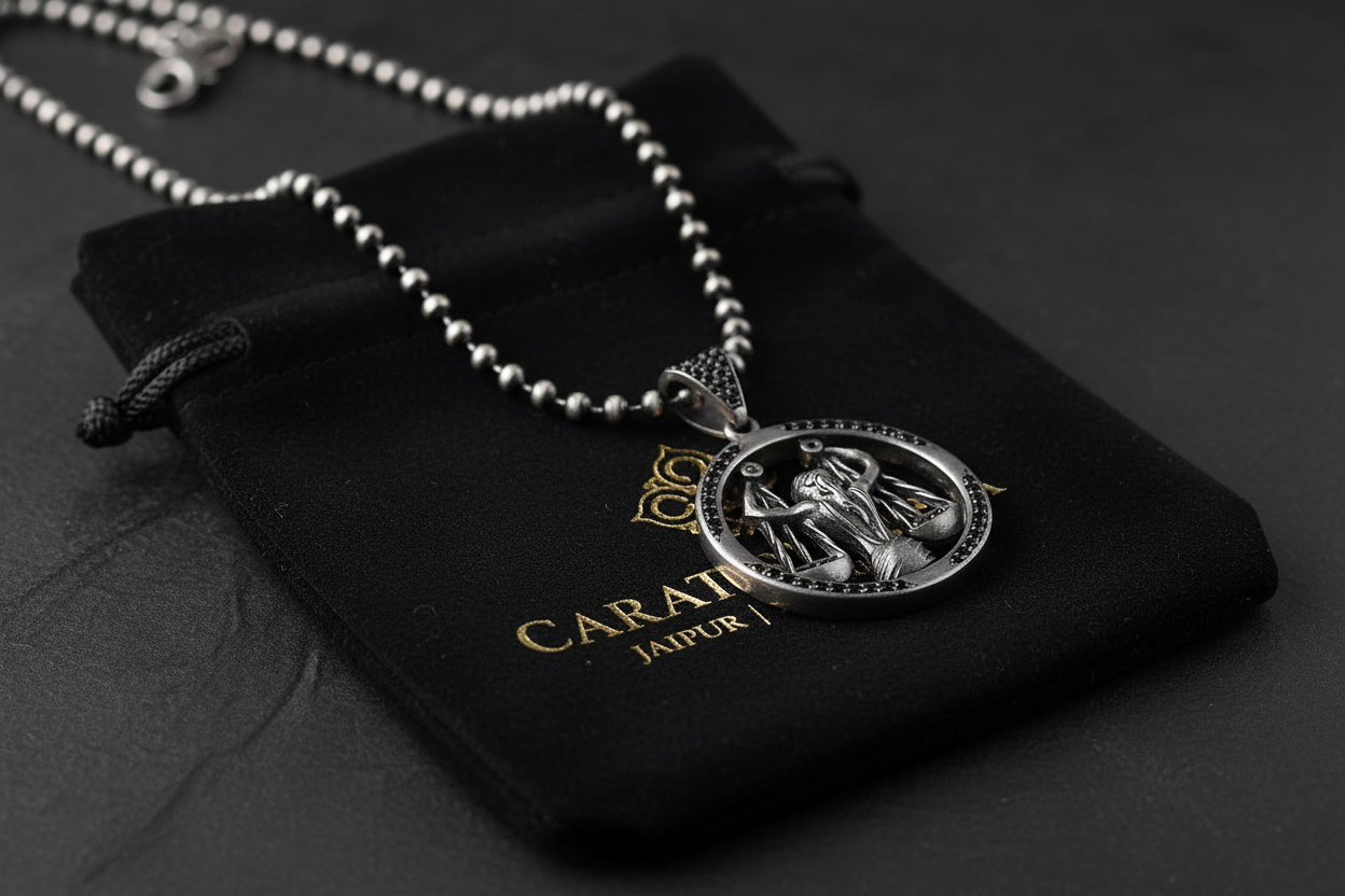 RARE PRINCE by CARAT SUTRA | Unique Libra Zodiac Designed Pendant Studded with Black Zircons | Unisex 925 Sterling Silver Oxidized Pendant | Men's Jewelry | With Certificate of Authenticity and 925 Hallmark - caratsutra
