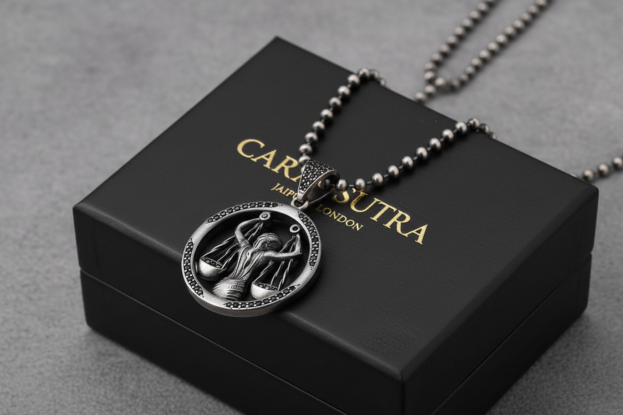 RARE PRINCE by CARAT SUTRA | Unique Libra Zodiac Designed Pendant Studded with Black Zircons | Unisex 925 Sterling Silver Oxidized Pendant | Men's Jewelry | With Certificate of Authenticity and 925 Hallmark - caratsutra