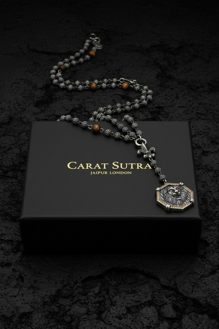 RARE PRINCE by CARAT SUTRA | Unique Silver Balls & Natural Tiger Eye Beaded Chain Necklace with Lion Head | 925 Sterling Silver Oxidized Pendant with Fleur-de-lis Symbol | Men's Jewelry | With Certificate of Authenticity and 925 Hallmark - caratsutra
