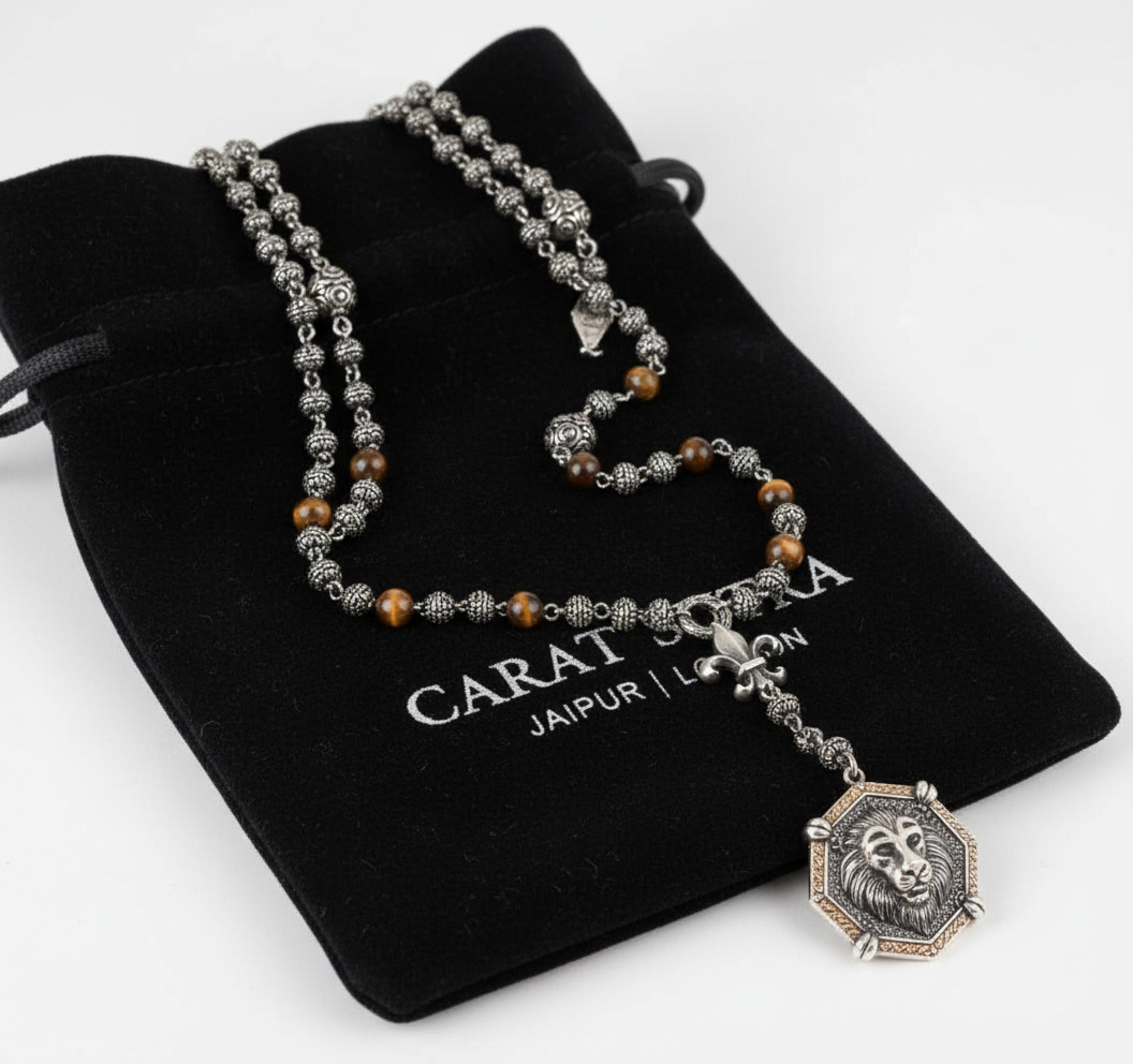 RARE PRINCE by CARAT SUTRA | Unique Silver Balls & Natural Tiger Eye Beaded Chain Necklace with Lion Head | 925 Sterling Silver Oxidized Pendant with Fleur-de-lis Symbol | Men's Jewelry | With Certificate of Authenticity and 925 Hallmark - caratsutra