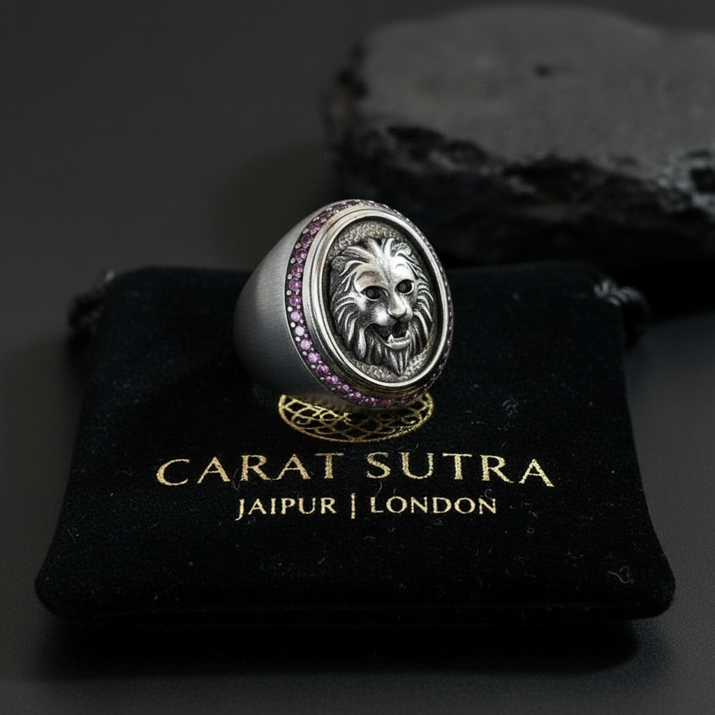 RARE PRINCE by CARAT SUTRA | Unique Handmade Turkish Style Lion Ring with Zircons | 925 Sterling Silver Oxidized Ring | Men's Jewelry | With Certificate of Authenticity and 925 Hallmark - caratsutra