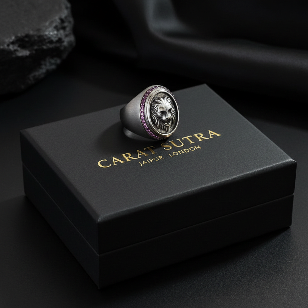 RARE PRINCE by CARAT SUTRA | Unique Handmade Turkish Style Lion Ring with Red Zircons | 925 Sterling Silver Oxidized Ring | Men's Jewelry | With Certificate of Authenticity and 925 Hallmark - caratsutra