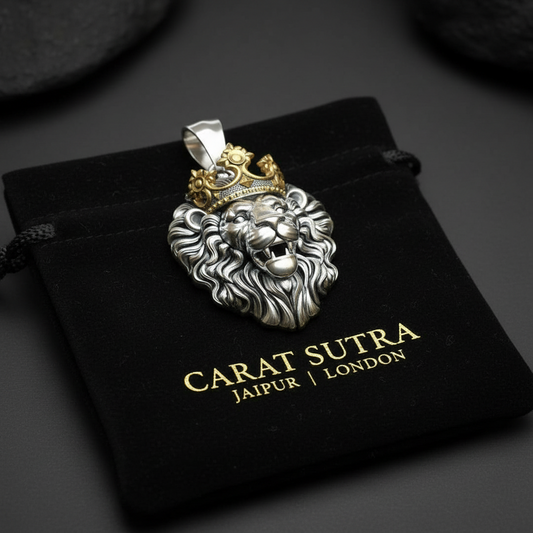 RARE PRINCE by CARAT SUTRA | Unique Designed Lion with Crown Pendant for Men | 925 Sterling Silver Oxidized Pendant | Men's Jewelry | With Certificate of Authenticity and 925 Hallmark - caratsutra