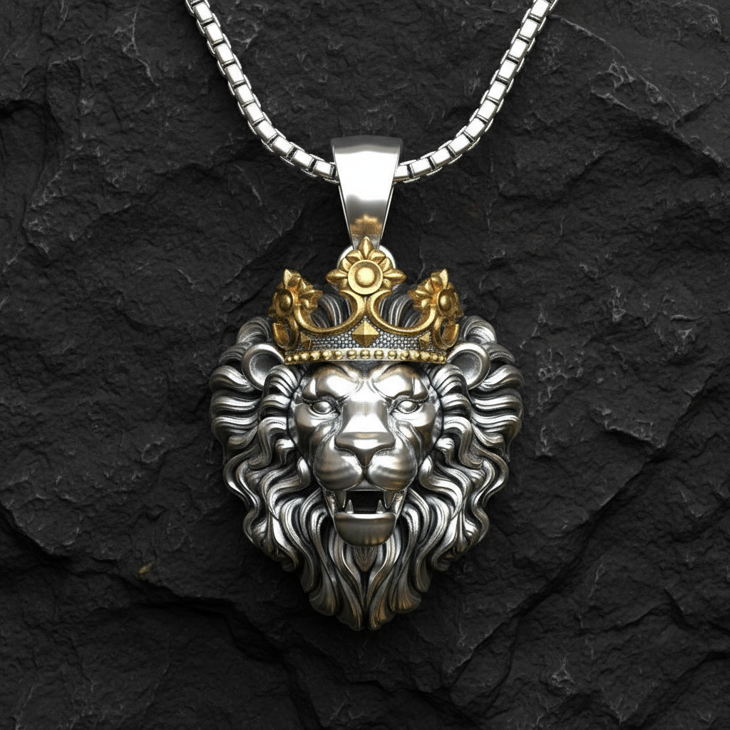 RARE PRINCE by CARAT SUTRA | Unique Designed Lion with Crown Pendant for Men | 925 Sterling Silver Oxidized Pendant | Men's Jewelry | With Certificate of Authenticity and 925 Hallmark