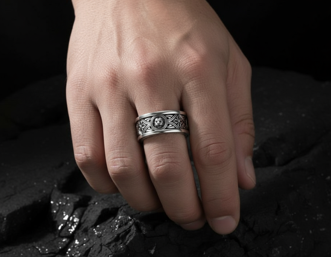 RARE PRINCE by CARAT SUTRA | Unique Designed Band Ring with Lion | 925 Sterling Silver Oxidized Ring | Men's Jewelry | With Certificate of Authenticity and 925 Hallmark