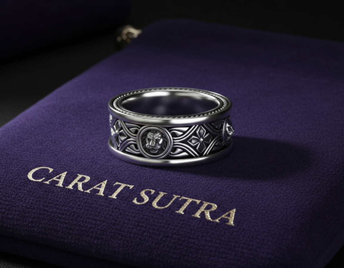 RARE PRINCE by CARAT SUTRA | Unique Designed Band Ring with Lion | 925 Sterling Silver Oxidized Ring | Men's Jewelry | With Certificate of Authenticity and 925 Hallmark