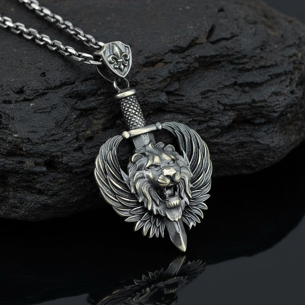 RARE PRINCE by CARAT SUTRA | Unique Designed Lion with Feathers & Sword Pendant for Men | 925 Sterling Silver Oxidized Pendant | Men's Jewelry | With Certificate of Authenticity and 925 Hallmark - caratsutra