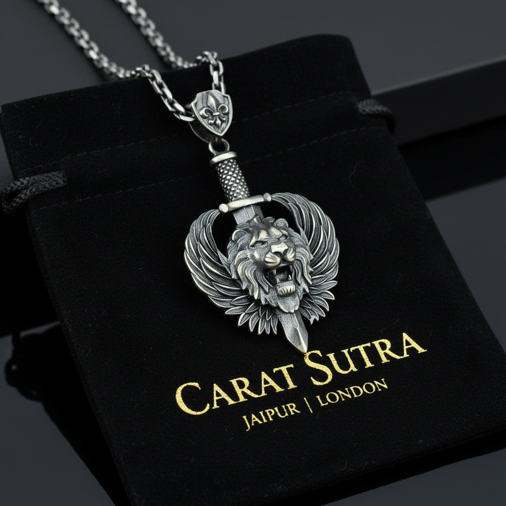 RARE PRINCE by CARAT SUTRA | Unique Designed Lion with Feathers & Sword Pendant for Men | 925 Sterling Silver Oxidized Pendant | Men's Jewelry | With Certificate of Authenticity and 925 Hallmark - caratsutra