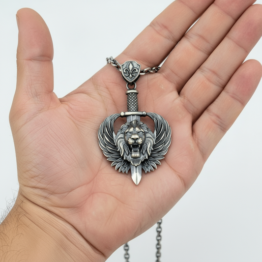 RARE PRINCE by CARAT SUTRA | Unique Designed Lion with Feathers & Sword Pendant for Men | 925 Sterling Silver Oxidized Pendant | Men's Jewelry | With Certificate of Authenticity and 925 Hallmark - caratsutra