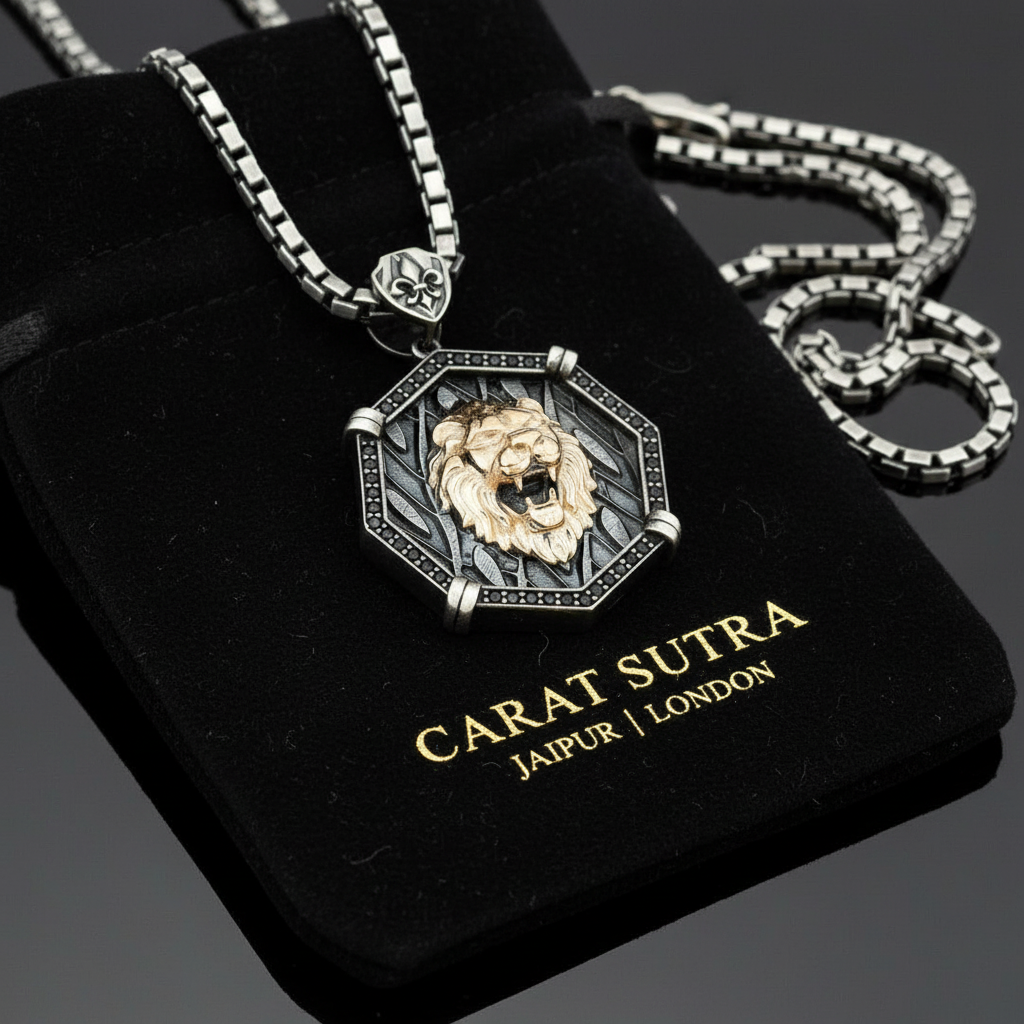 RARE PRINCE by CARAT SUTRA | Unique Designed Lion Pendant for Men | 925 Sterling Silver Rosegold Plated Oxidized Pendant | Men's Jewelry | With Certificate of Authenticity and 925 Hallmark - caratsutra