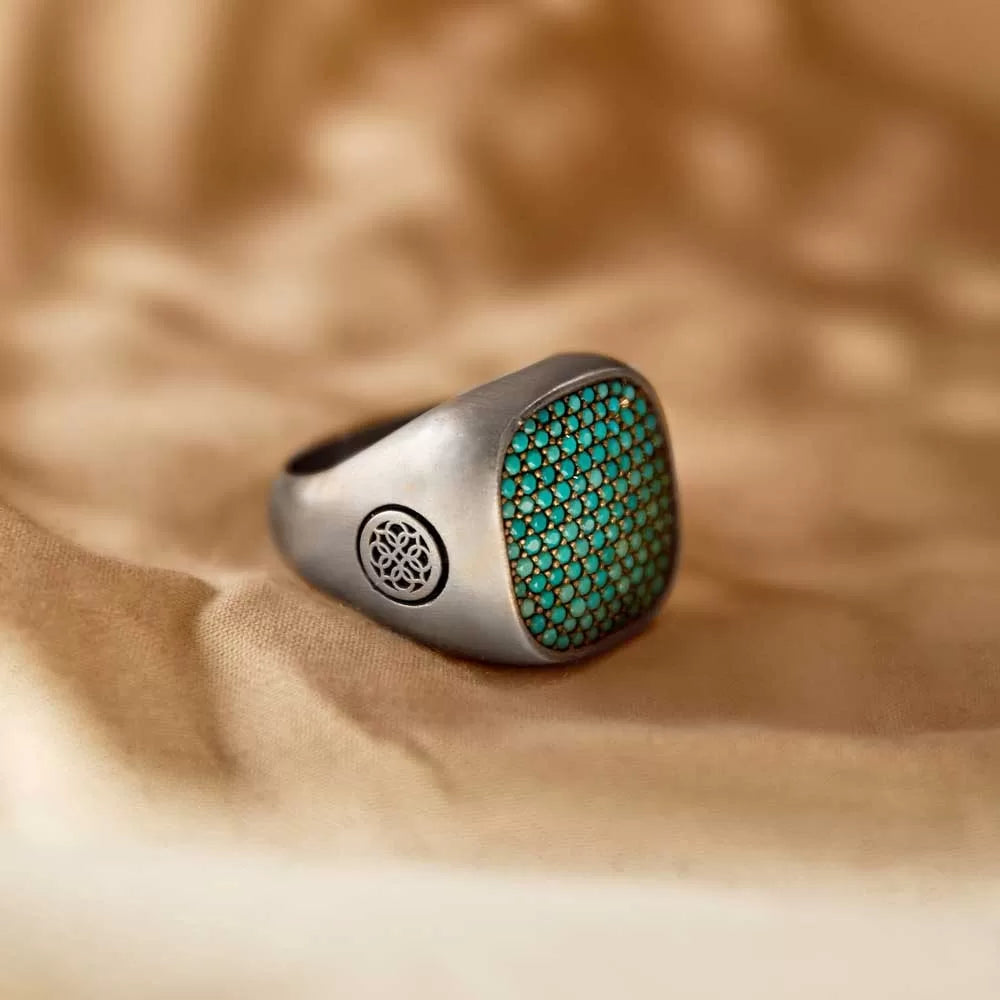 RARE PRINCE by CARAT SUTRA | Unique Designed Turkish Style Ring with Multiple Natural Turquoise Stone Ring | 925 Sterling Silver Oxidized Ring | Men's Jewelry | With Certificate of Authenticity and 925 Hallmark