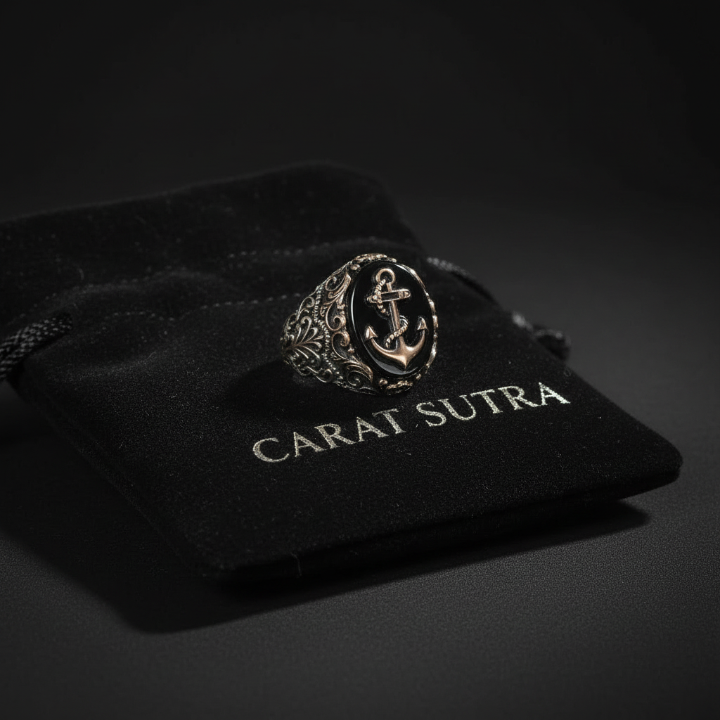 RARE PRINCE by CARAT SUTRA | Unique Handmade Turkish Style Sailor's Anchor Ring with Natural Black Onyx | 925 Sterling Silver Oxidized Ring | Men's Jewelry | With Certificate of Authenticity and 925 Hallmark