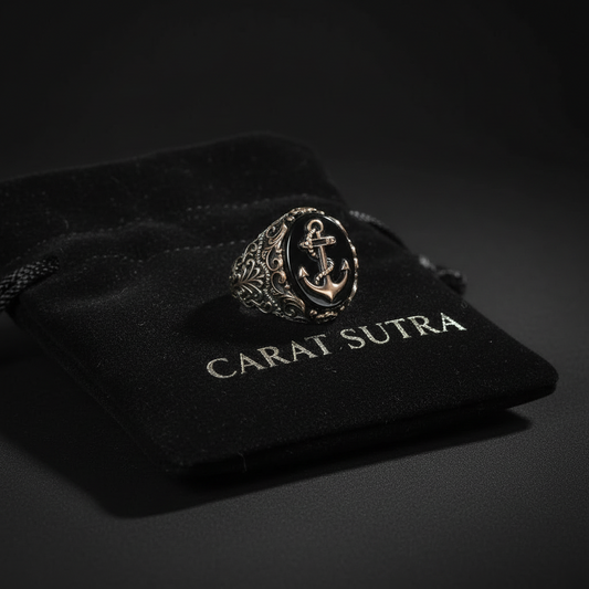 RARE PRINCE by CARAT SUTRA | Unique Handmade Turkish Style Sailor's Anchor Ring with Natural Black Onyx | 925 Sterling Silver Oxidized Ring | Men's Jewelry | With Certificate of Authenticity and 925 Hallmark