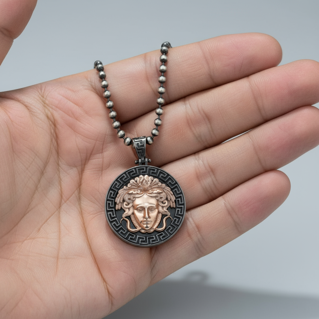 RARE PRINCE by CARAT SUTRA | Unique Designed Medusa/ Versace Pendant | 925 Sterling Silver Rosegold Plated Oxidized Pendant | Men's Jewelry | With Certificate of Authenticity and 925 Hallmark - caratsutra