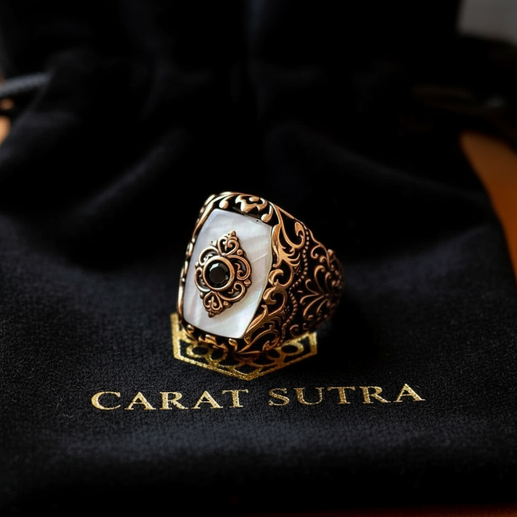 RARE PRINCE by CARAT SUTRA | Unique Turkish Style Ring with Natural Pearl | 925 Sterling Silver Oxidized Ring | Men's Jewelry | With Certificate of Authenticity and 925 Hallmark - caratsutra