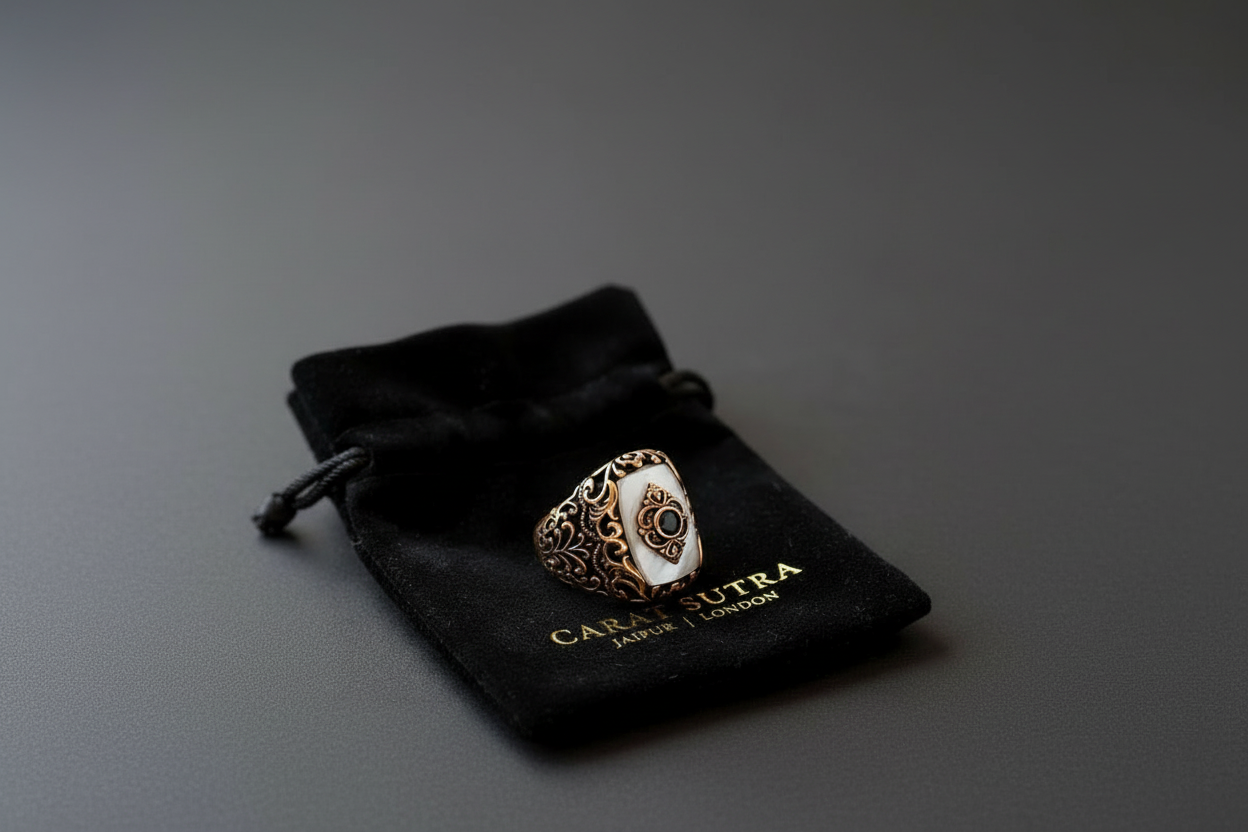RARE PRINCE by CARAT SUTRA | Unique Turkish Style Ring with Natural Pearl | 925 Sterling Silver Oxidized Ring | Men's Jewelry | With Certificate of Authenticity and 925 Hallmark - caratsutra