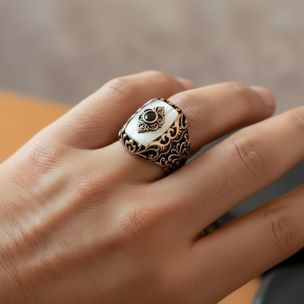RARE PRINCE by CARAT SUTRA | Unique Turkish Style Ring with Natural Pearl | 925 Sterling Silver Oxidized Ring | Men's Jewelry | With Certificate of Authenticity and 925 Hallmark - caratsutra