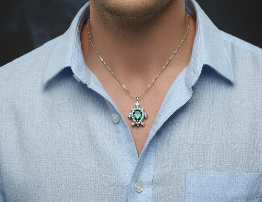 RARE PRINCE by CARAT SUTRA | Unique Designed Turtle Pendant with green onyx stone | 925 Sterling Silver Oxidized Pendant | With Certificate of Authenticity and 925 Hallmark