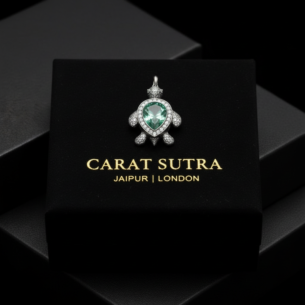 RARE PRINCE by CARAT SUTRA | Unique Designed Turtle Pendant with green onyx stone | 925 Sterling Silver Oxidized Pendant | With Certificate of Authenticity and 925 Hallmark - caratsutra