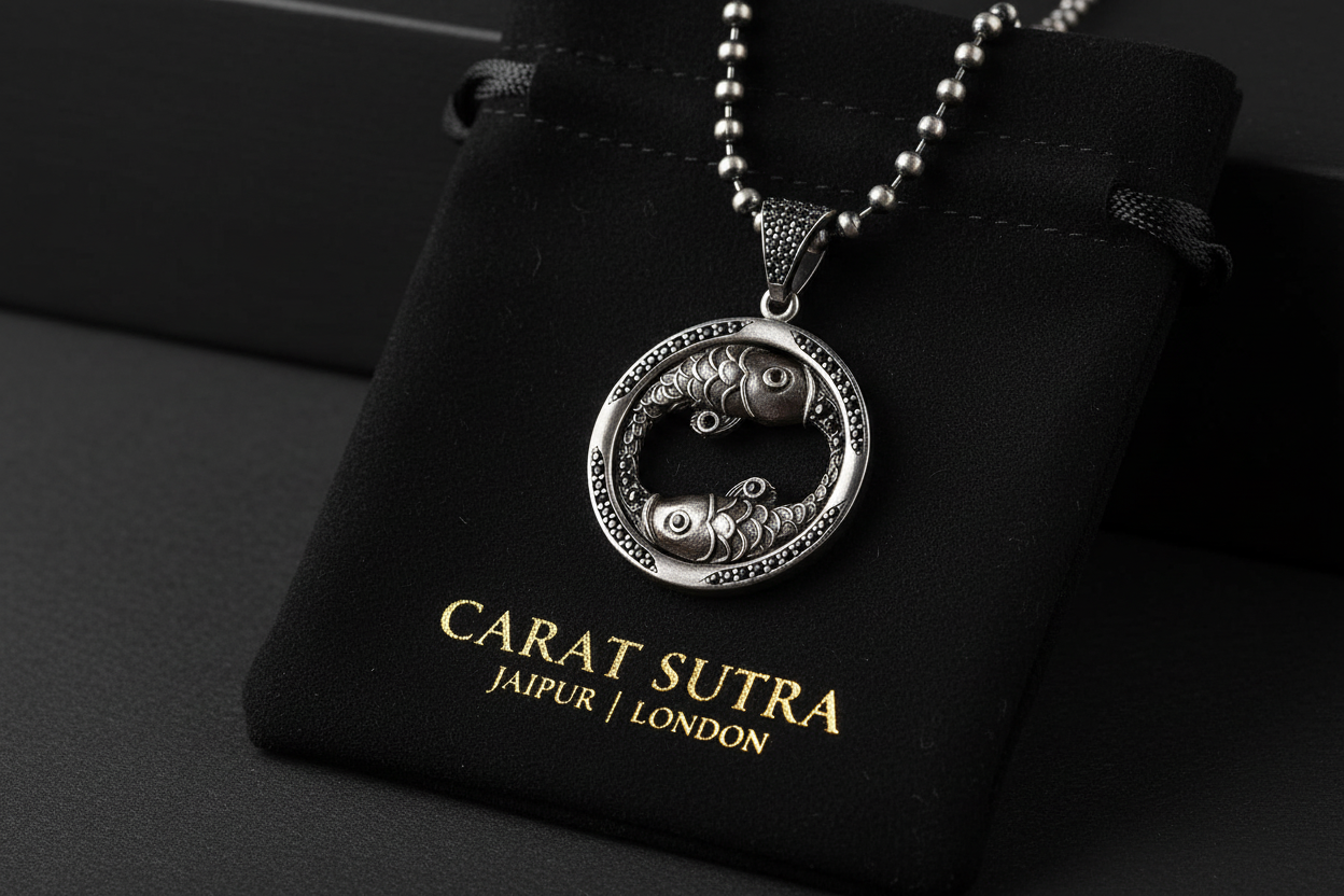RARE PRINCE by CARAT SUTRA | Unique Pisces Zodiac Designed Pendant Studded with Black Zircons | Unisex 925 Sterling Silver Oxidized Pendant | Men's Jewelry | With Certificate of Authenticity and 925 Hallmark - caratsutra