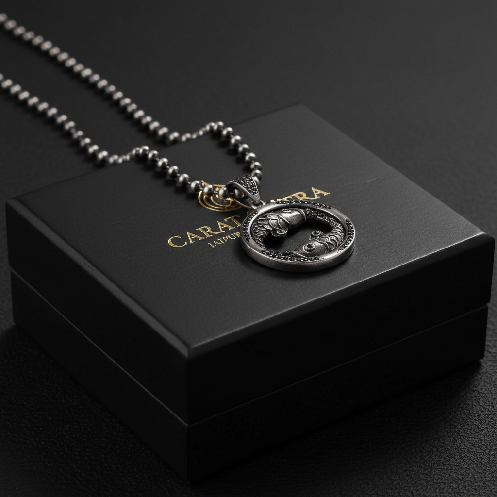 RARE PRINCE by CARAT SUTRA | Unique Pisces Zodiac Designed Pendant Studded with Black Zircons | Unisex 925 Sterling Silver Oxidized Pendant | Men's Jewelry | With Certificate of Authenticity and 925 Hallmark - caratsutra