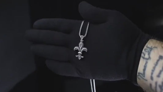 RARE PRINCE by CARAT SUTRA | Unique Designed Fleur-De-Lis Symbol Pendant Studded with Pink & Black Zircons for Men | 925 Sterling Silver Oxidized Pendant | Men's Jewelry | With Certificate of Authenticity and 925 Hallmark