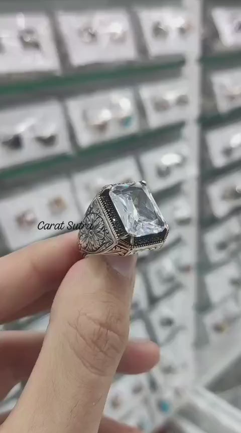 RARE PRINCE by CARAT SUTRA | Unique Designed Turkish Style Ring with White Zirconia | 925 Sterling Silver Oxidized Ring | Men's Jewelry | With Certificate of Authenticity and 925 Hallmark