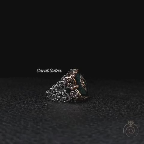 RARE PRINCE by CARAT SUTRA | Unique Turkish Style Ring with Green Onyx | 925 Sterling Silver Oxidized Ring | Men's Jewelry | With Certificate of Authenticity and 925 Hallmark