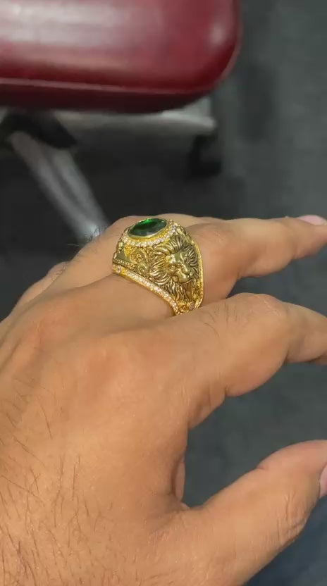 RARE PRINCE by CARAT SUTRA | Unique Designed 22k Gold plated Double Faced Lion Ring with Green Zircon Stone | 925 Sterling Silver Oxidized Ring | Men's Jewelry | With Certificate of Authenticity and 925 Hallmark