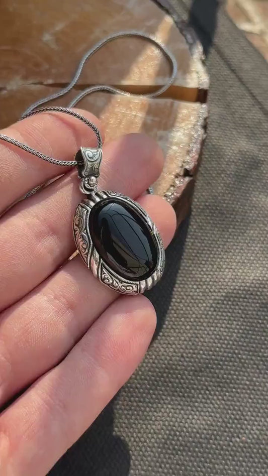 15ct Natural Black Onyx (Aqeeq), 925 Sterling Silver Pendant
