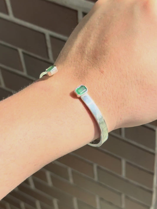 Natural Zambian Emerald Stone Bangle, 3 cts each Adjustable Cuff Style Bangle/kadaa in 999 Sterling Silver