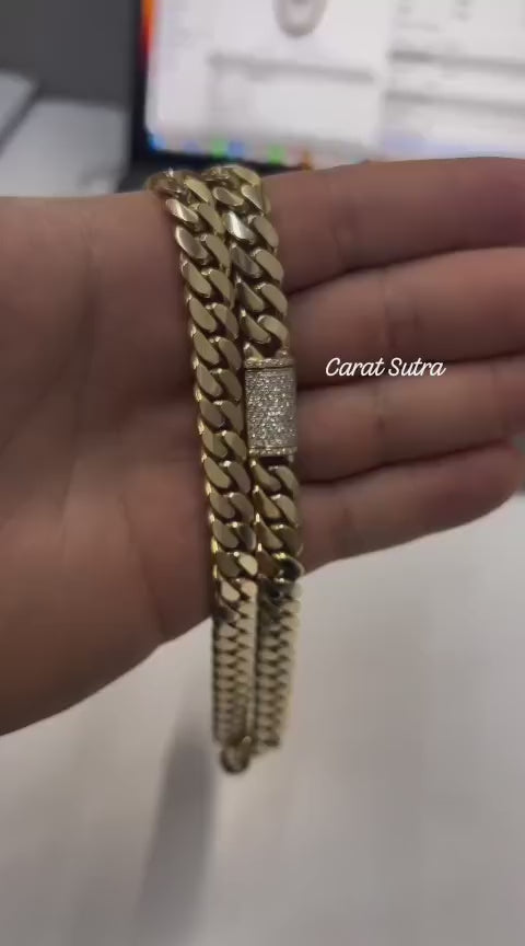 RARE PRINCE by CARAT SUTRA | Solid 10mm Miami Cuban Link Chain with Iced Lock | 22kt Gold Micron Plated on 925 Sterling Silver Chain with AAA+ Quality Swarovski Diamonds | Men's Jewelry | With Certificate of Authenticity and 925 Hallmark