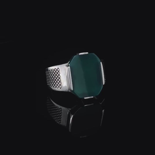 RARE PRINCE by CARAT SUTRA | Unique Designed Turkish Style Ring with Natural Green Onyx | 925 Sterling Silver Oxidized Ring | Men's Jewelry | With Certificate of Authenticity and 925 Hallmark