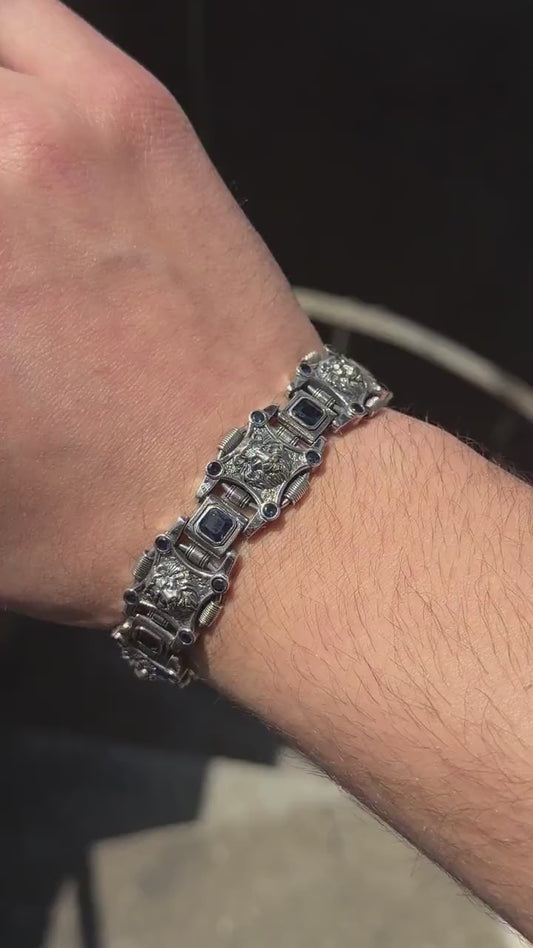 18mm Leo - Lion Retro Bracelet in Oxidised Finish studded with Blue Zircon | 925 Sterling Silver with Hallmark